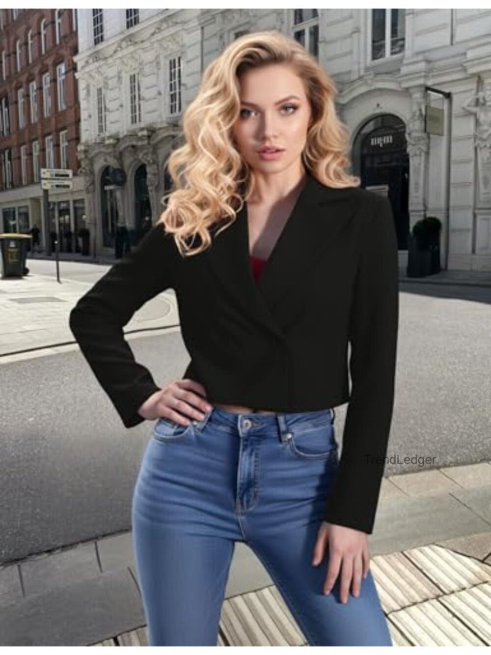 Women's Double-Breasted Cropped Blazer Long Sleeve Business Casual - Picture 2 of 4
